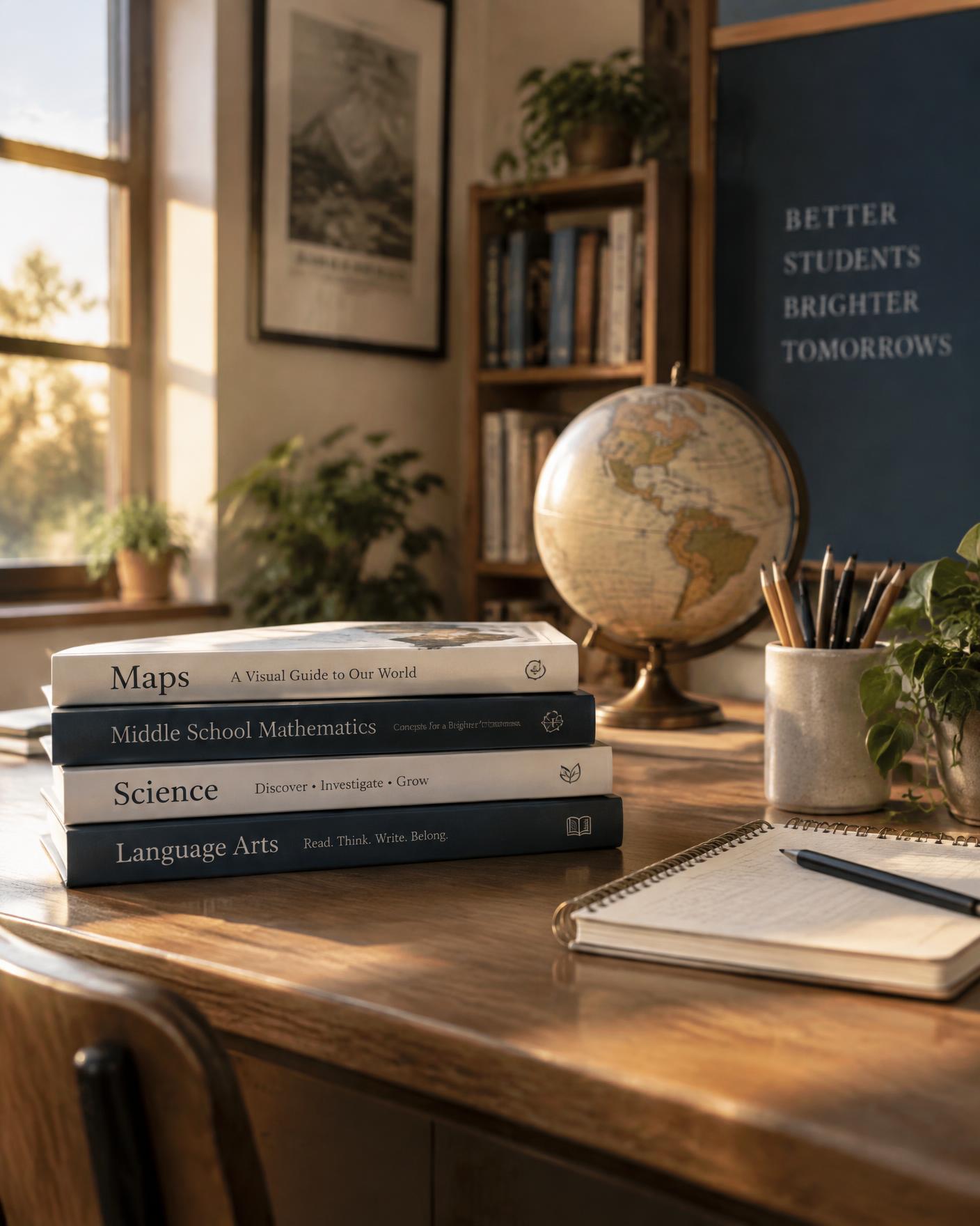 Classroom materials in warm morning light